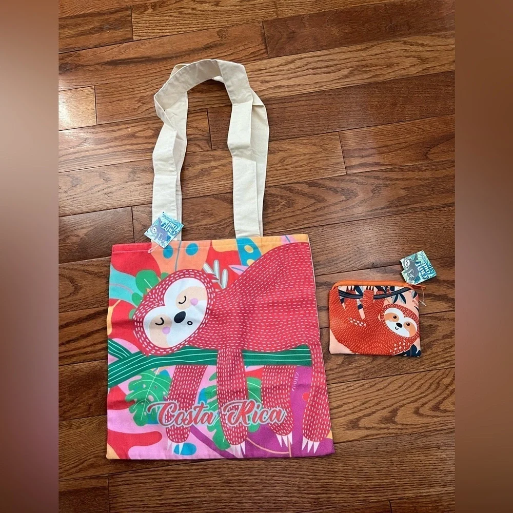 Colorful Sloth Tote Bag and Pouch Set